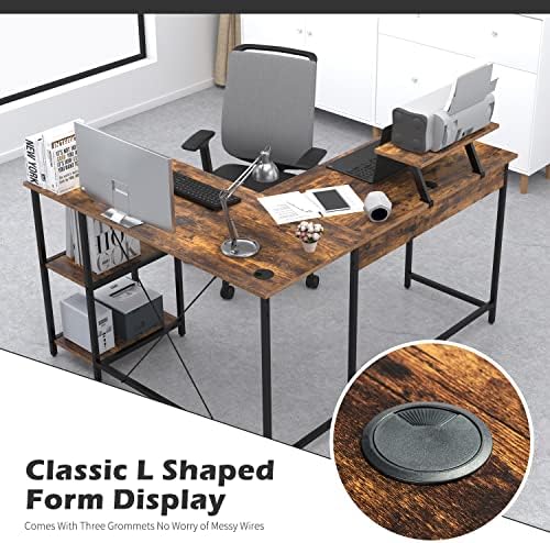 55 ליטר בצורת שולחן פינת שולחן כפול שולחן מחשב בית משרד משחקי תחנת עבודה עם אחסון מדפים ומעמד צג