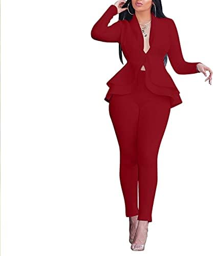 נשים תלבושות דו-חלקיות אופנה מוצקות עם צווארון V ראפלס טלאים עיצוב חליפות מכנסי עבודה ארוכות טלאים