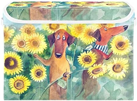 Innewgogo Dogs Sunflowers Storage פחי אחסון עם מכסים לארגון פחי אחסון גדולים מתקפלים עם ידיות קופסת
