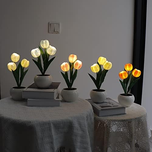 מנורת שולחן פדום LED צבעון מנורת פרח מלאכותי לילה קטן אור מזויף זר 3 ראשים עם אגרטל קרמי למנורה לצד