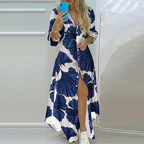 שמלות Boho Maxi של Fragarn Boho לנשים 2022 אביב קיץ כפתור שרוול ארוך למטה שמלה מפוצלת שמלה גרפית שמלת נדנדה