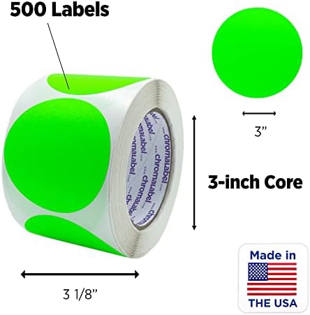 תווית כרומלית 3 אינץ ' תווית עגולה מדבקות נקודות קוד צבע קבוע, 500 תוויות לכל גליל, ירוק ניאון