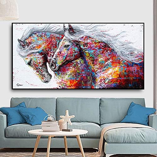 ציור שמן על בד צבוע ביד גדולה, מופשט שני ציור שמן בעלי חיים של סוס על בד מודרני גודל גדול קיר