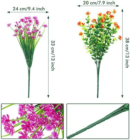 12 צרורות פרחים מלאכותיים חיצוניים, עמידים בפני UV פו צמחים מלאכותיים שיחים פרחים פלסטיים